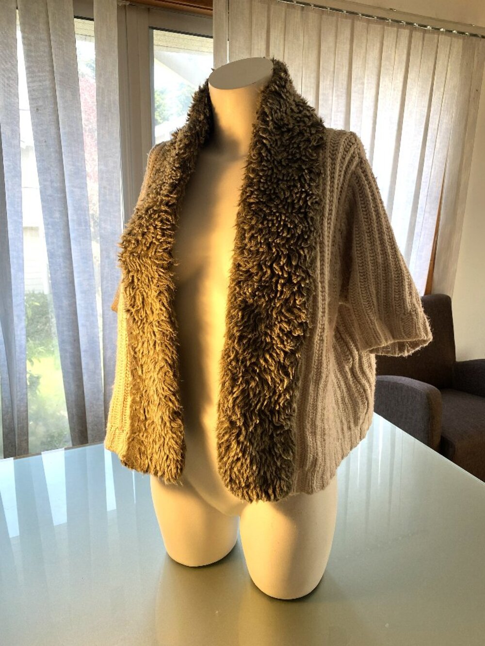Zara Wool Blend No Button Cardigan Short Sleeve Creme Grey Wrap Cropped Size M